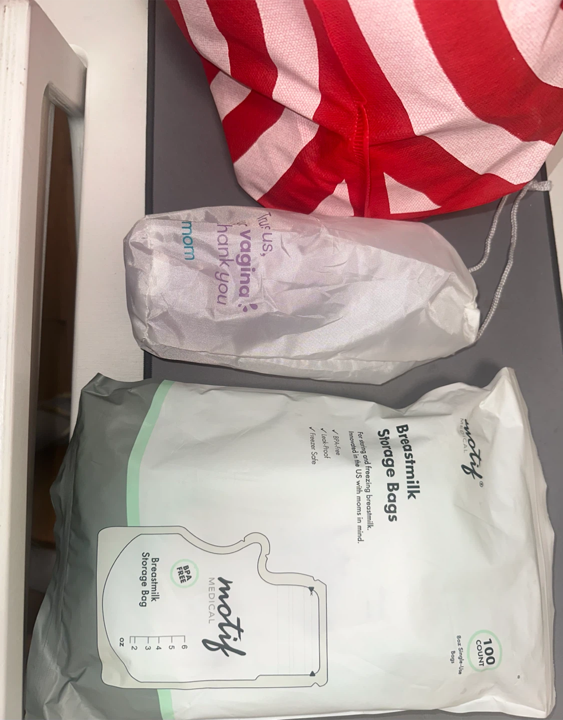 300 breast milk storage bag, peribottle, belly band, 2 swaddles