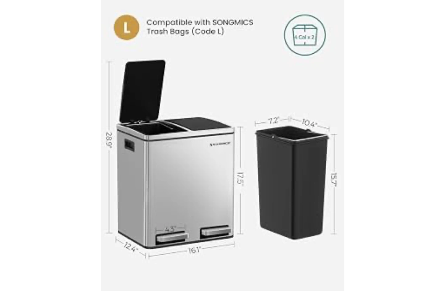 SONGMICS Dual Compartment Trash Can - photo 5