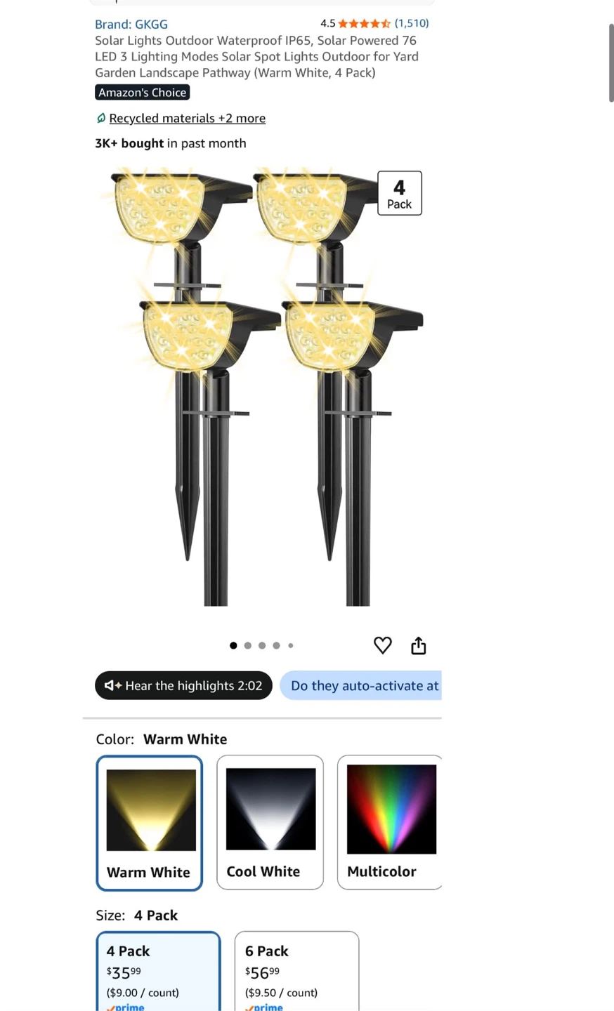 GKGG Solar Outdoor Spotlights, 4 Pack - photo 2