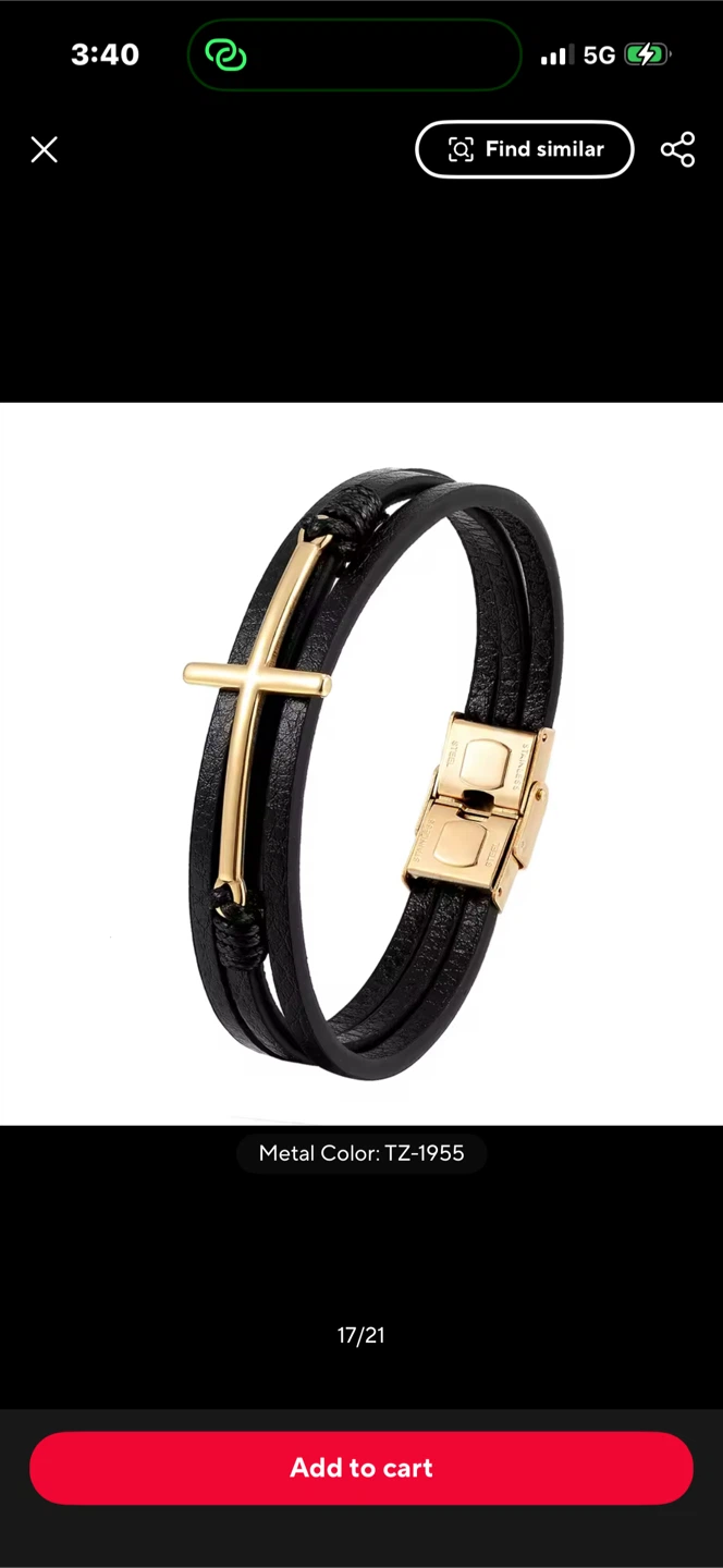 Black Leather and Gold-Tone Stainless Steel Cross Bracelet