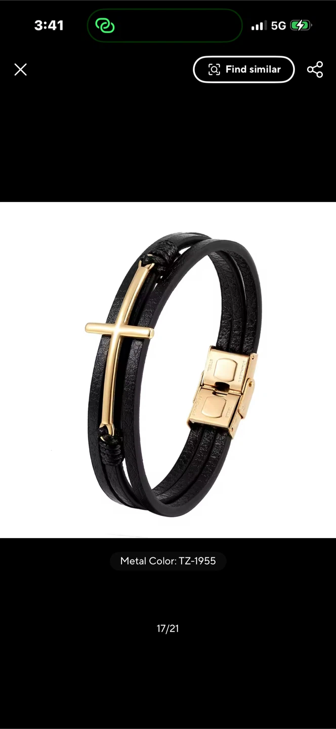 Black Leather and Gold-Tone Stainless Steel Cross Bracelet - photo 2