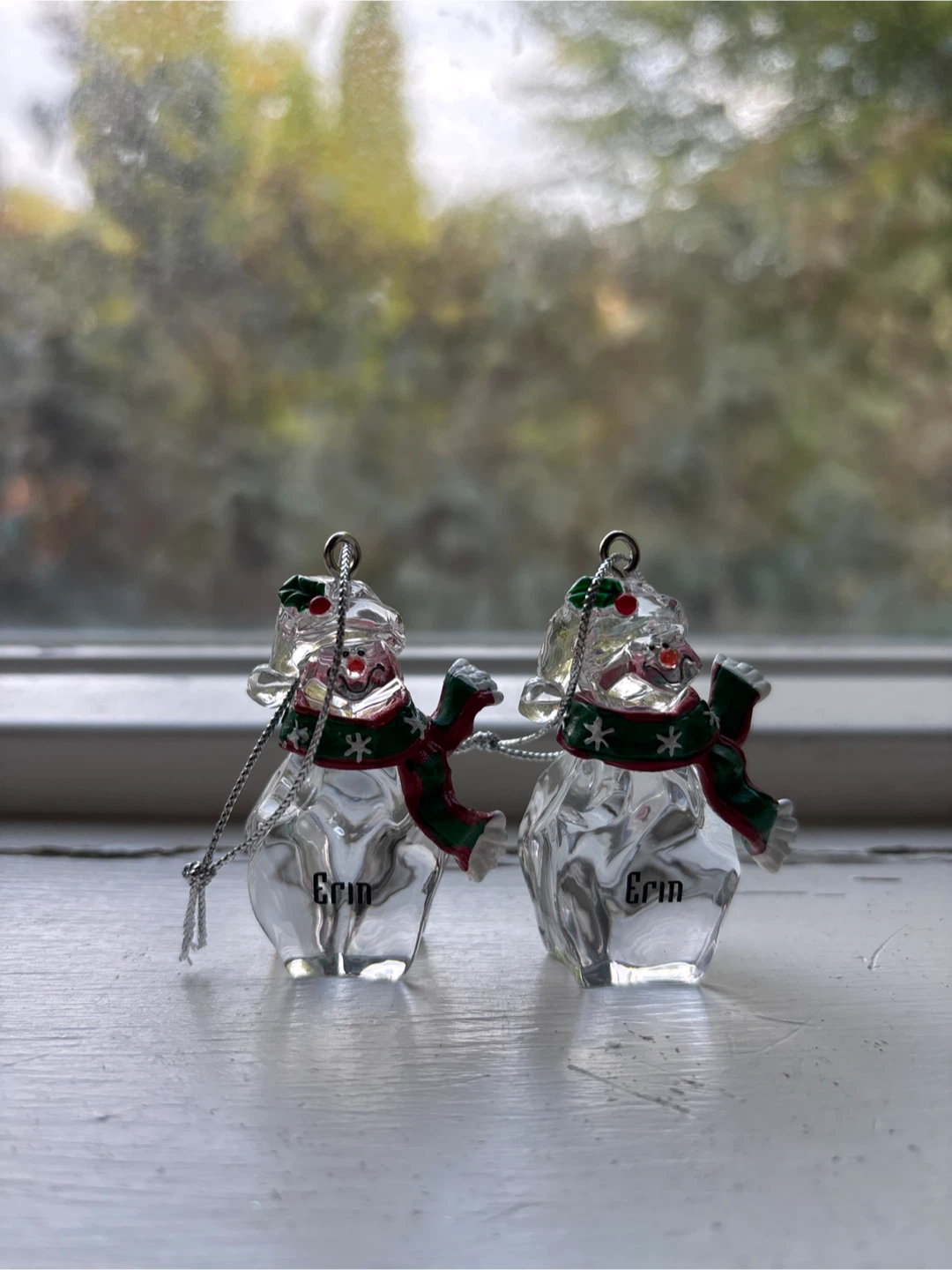 Two Personalized Erin Snowman Christmas Ornaments