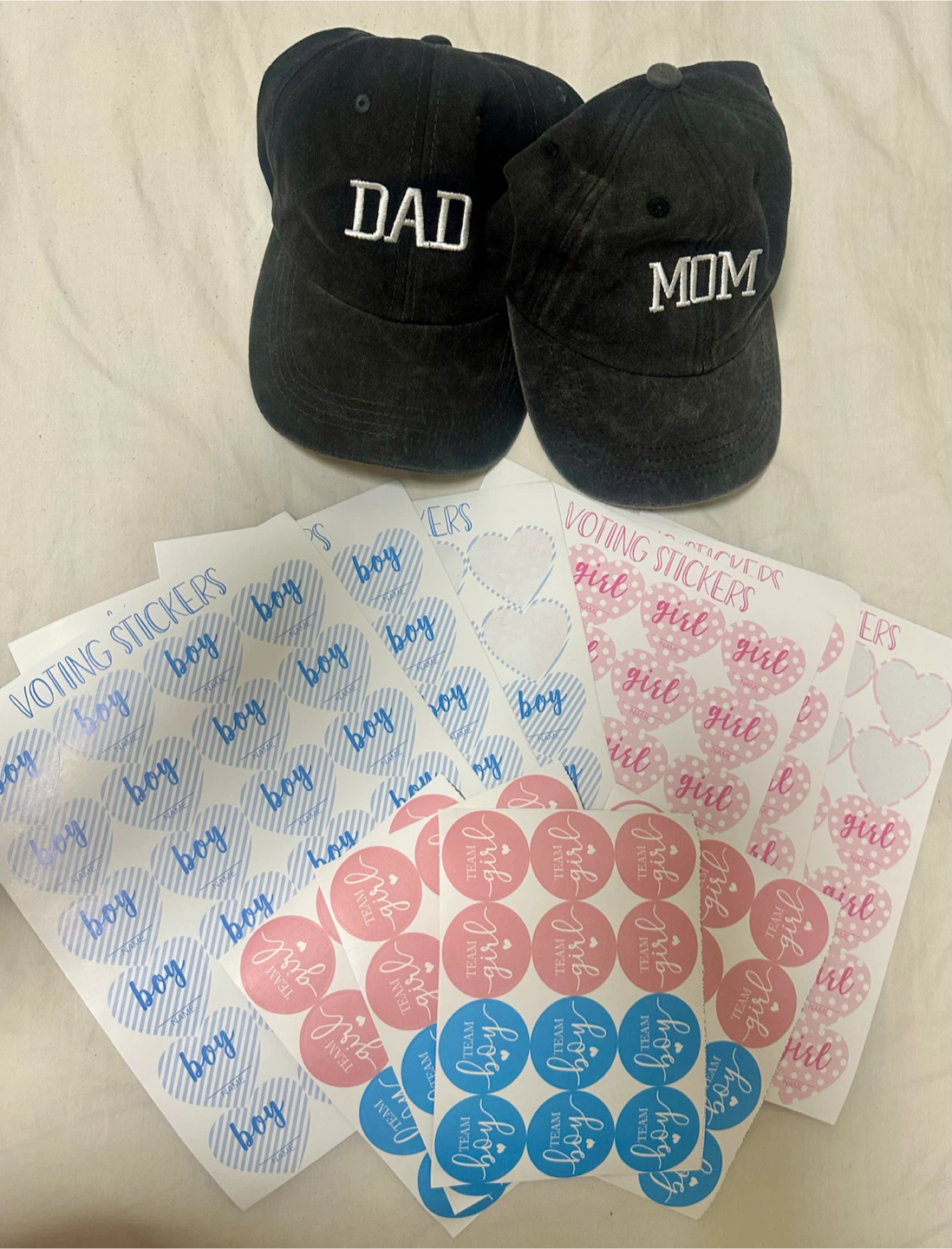 Mom and Dad Gender Reveal Hat Set with Voting Stickers