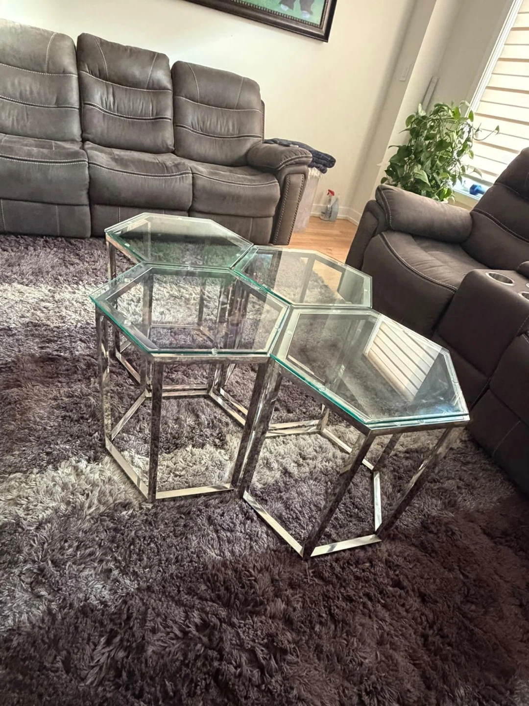 Set of 3 Hexagonal Glass and Chrome Nesting Tables