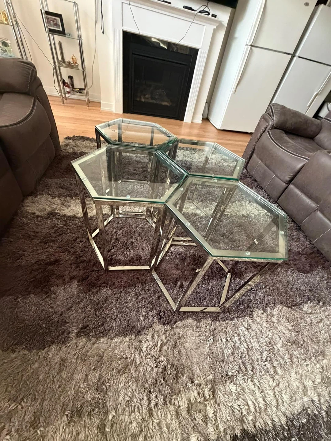 Set of 3 Hexagonal Glass and Chrome Nesting Tables - photo 2