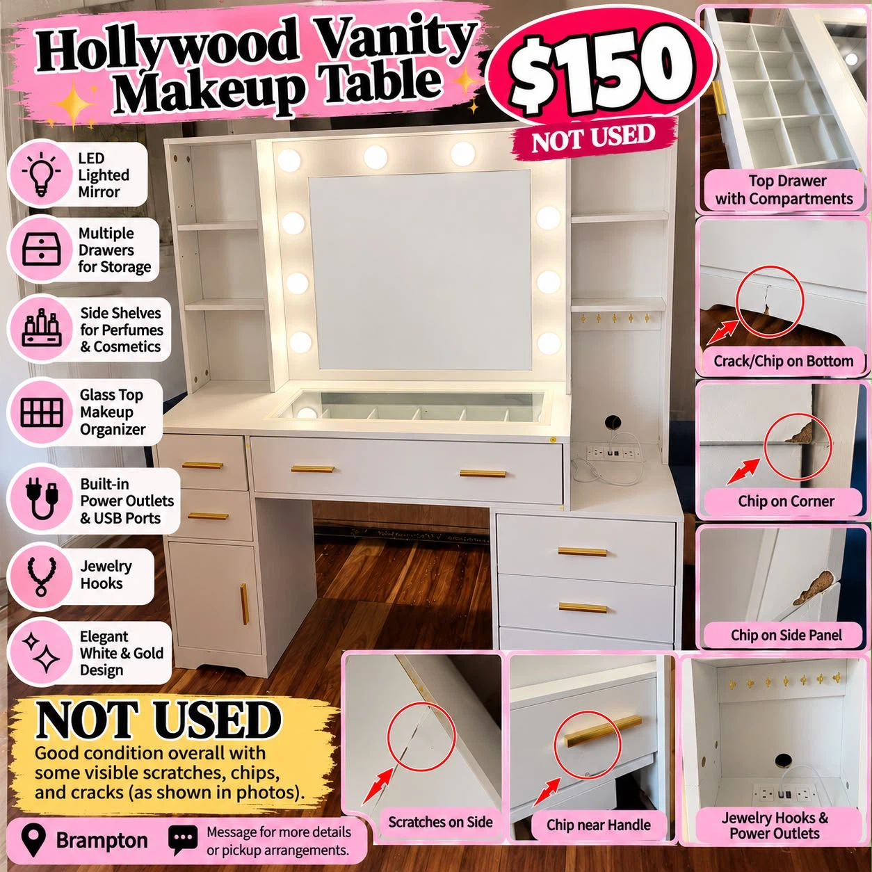 Hollywood Vanity Makeup Table with LED Mirror