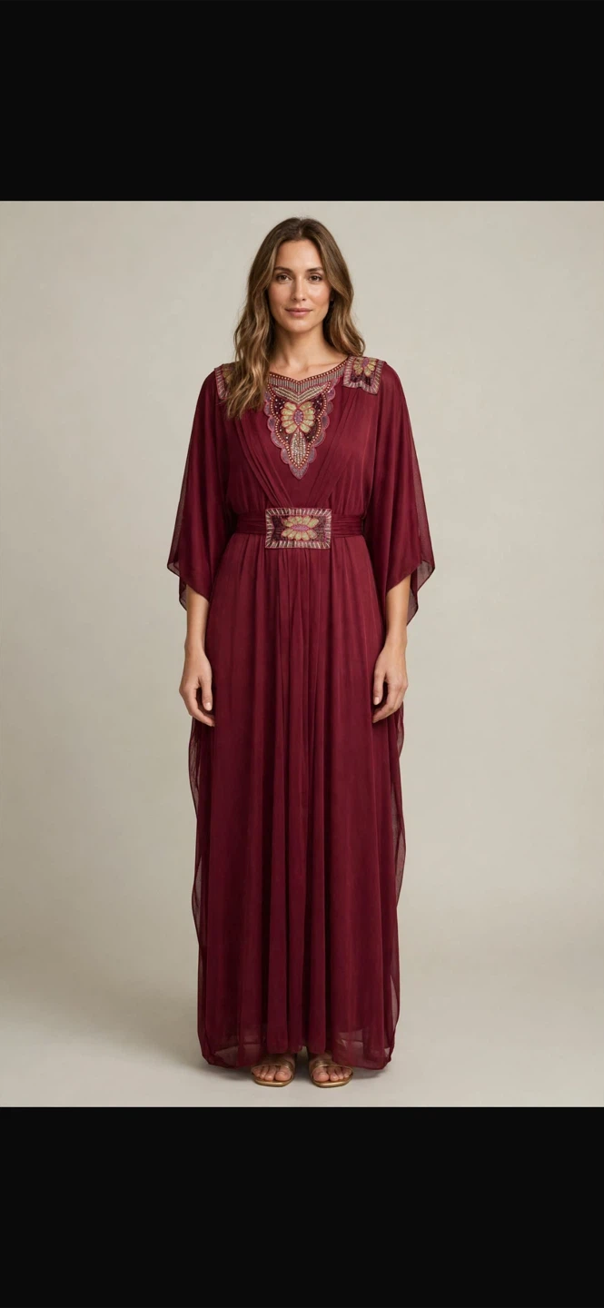 Maroon Embellished Kaftan Dress