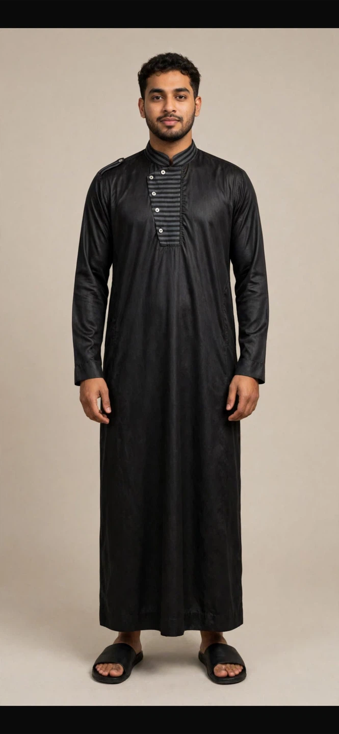 Black Men's Thobe with Striped Placket