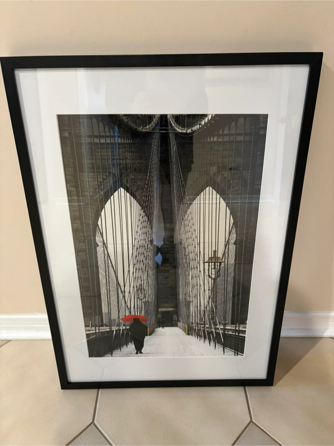 Brooklyn bridge red umbrella print framed art 27.75 x 19.75 in