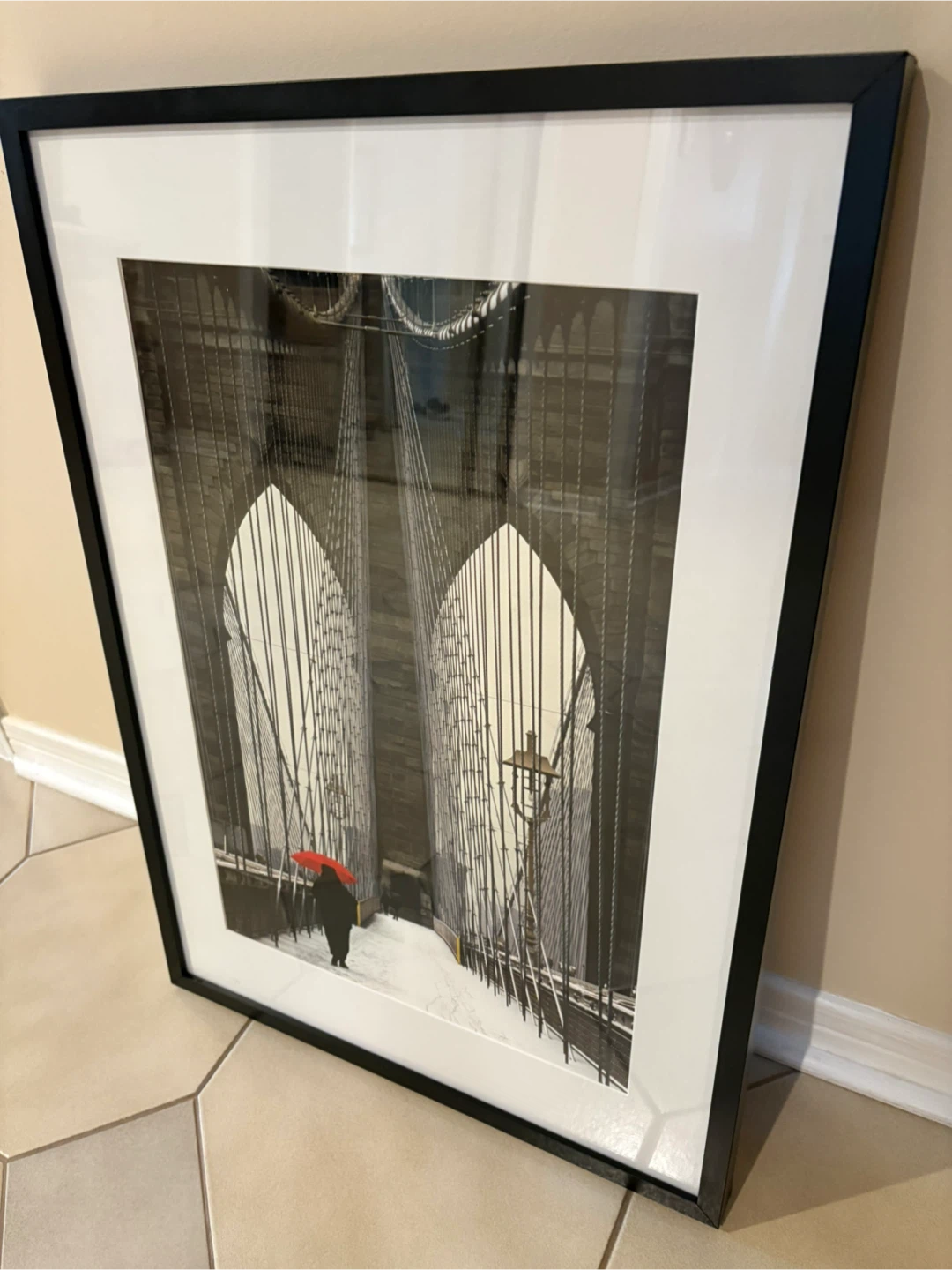 Brooklyn bridge red umbrella print framed art 27.75 x 19.75 in - photo 2
