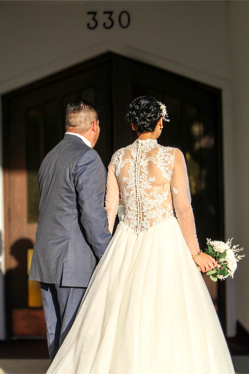 White lace wedding gown