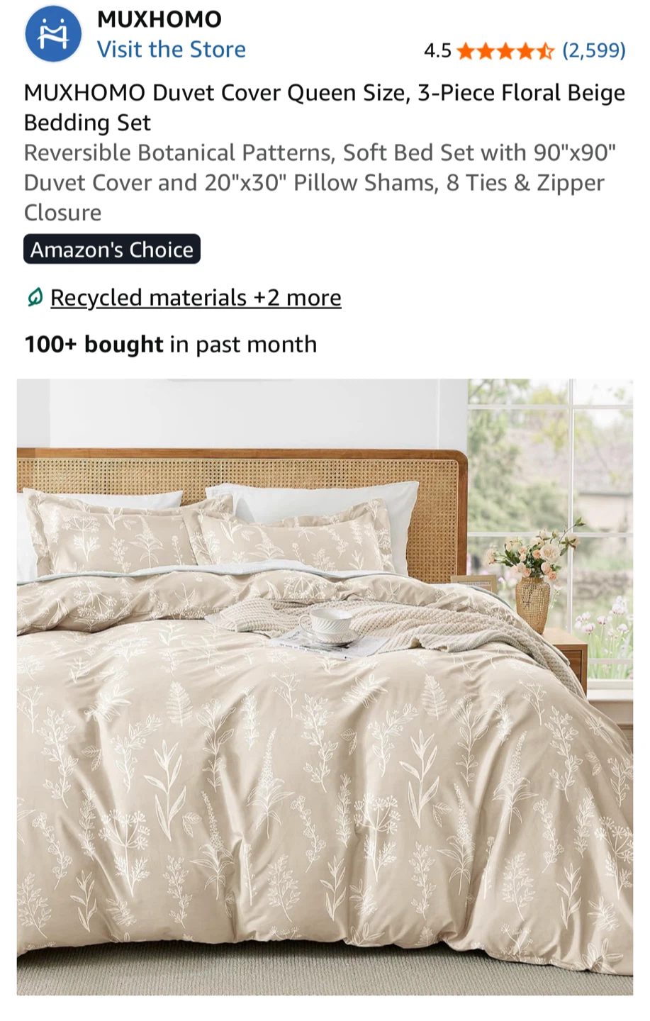 Queen Duvet Cover Set in Floral Beige