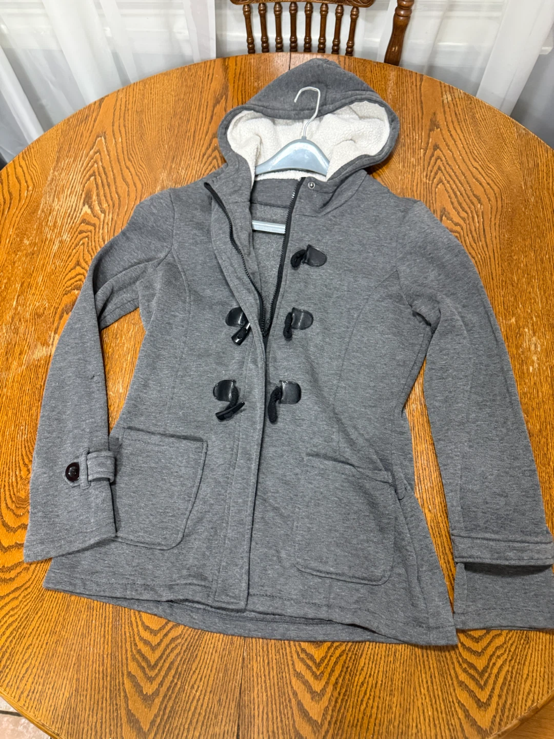 Gray hooded fleece-lined jacket