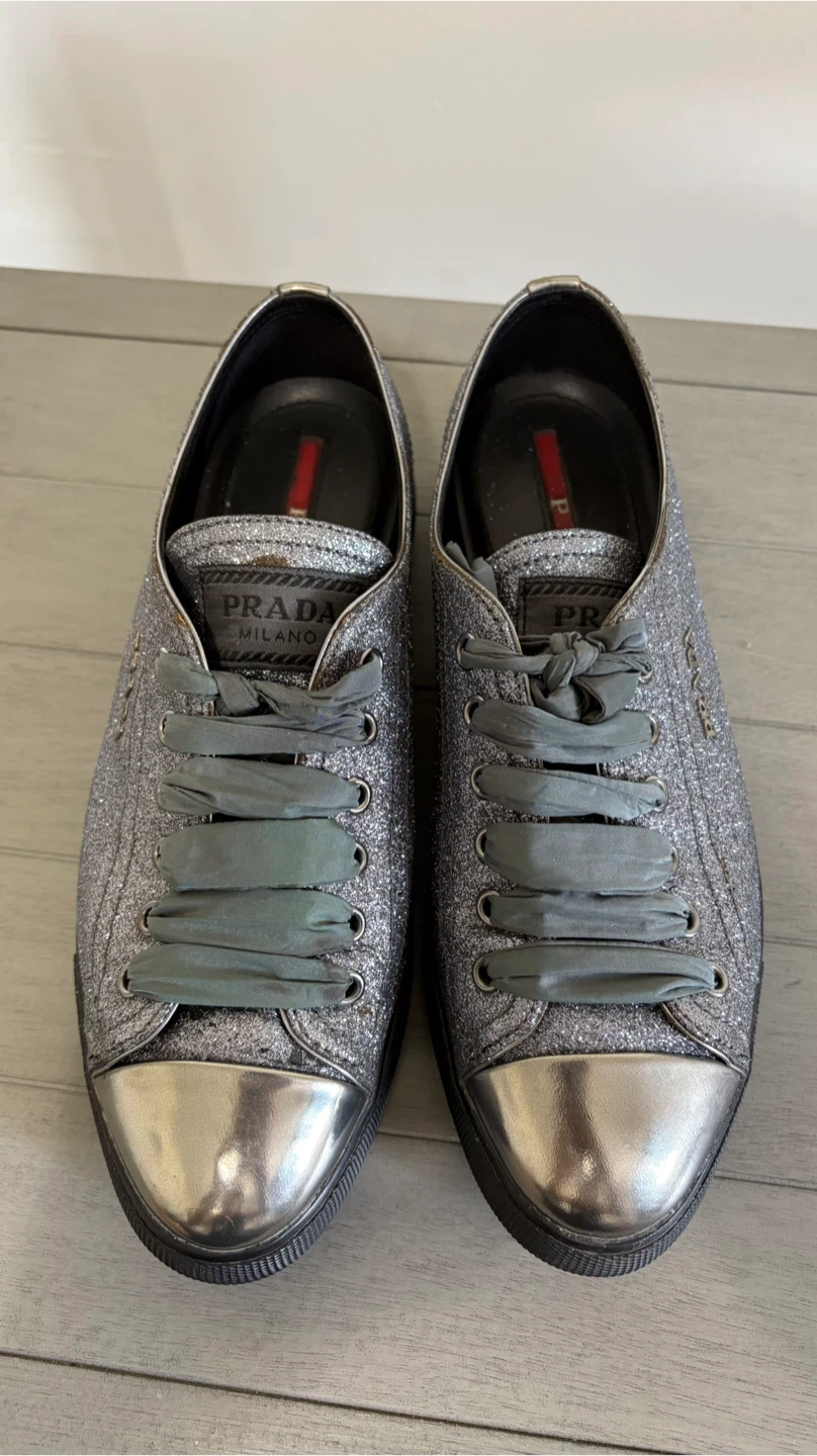 Women's Prada gray glitter sneakers