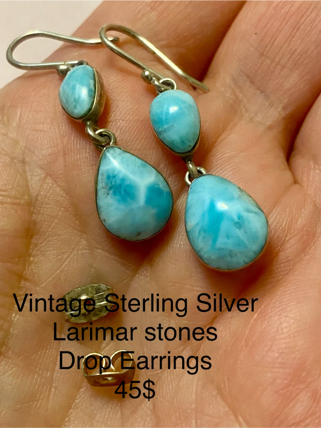 Vintage Sterling Silver Larimar Drop Earrings - photo 2
