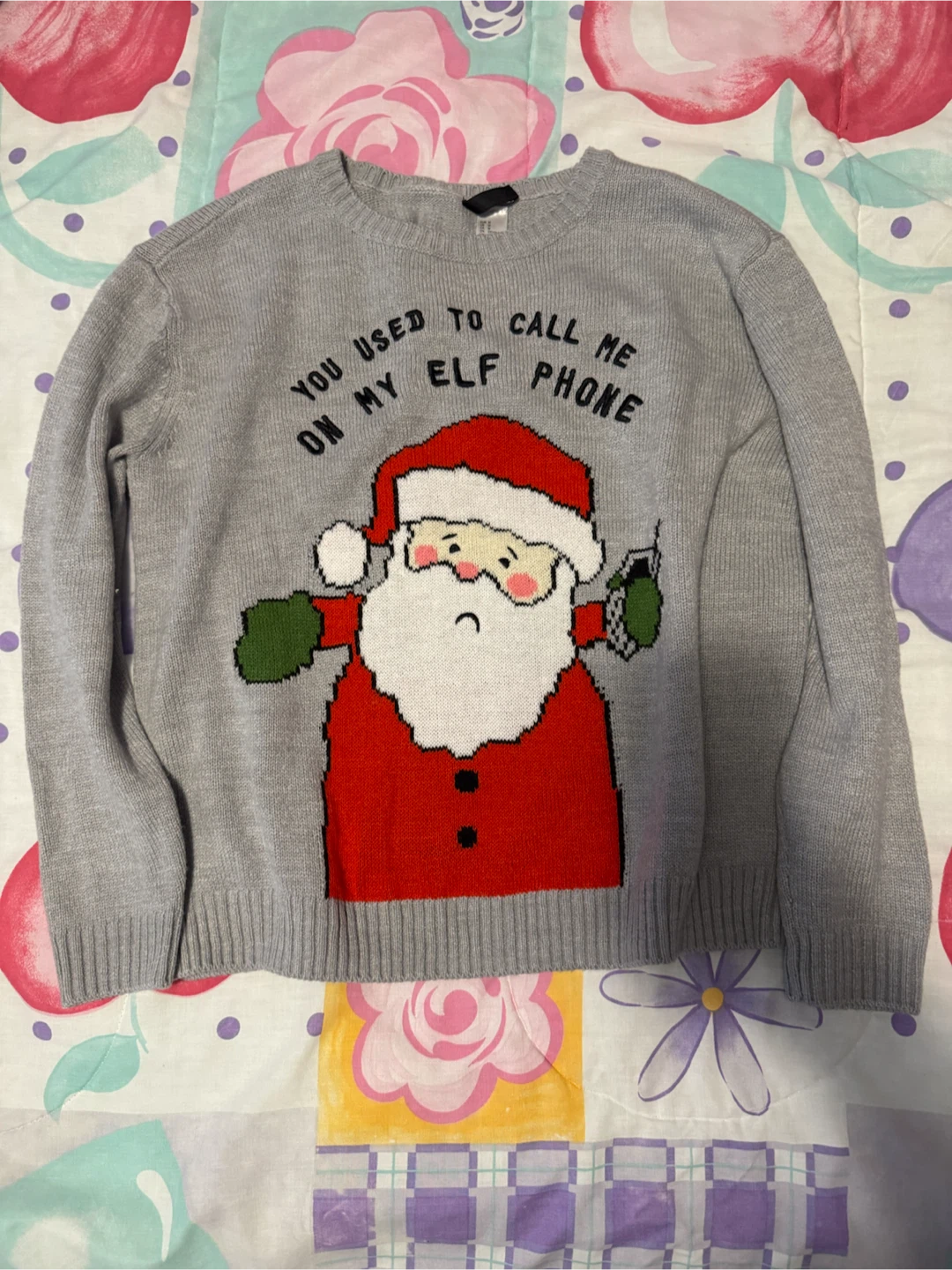 Grey Christmas Elf Phone Sweater - M