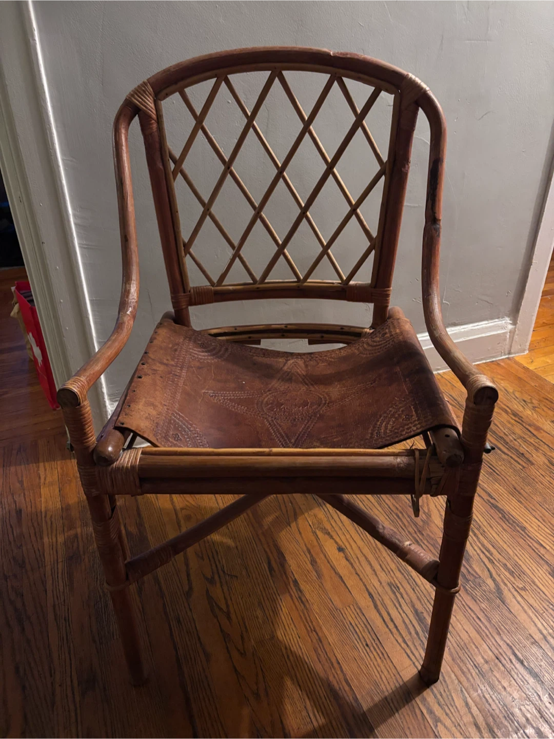 Vintage Rattan Chair with Tooled Leather Seat
