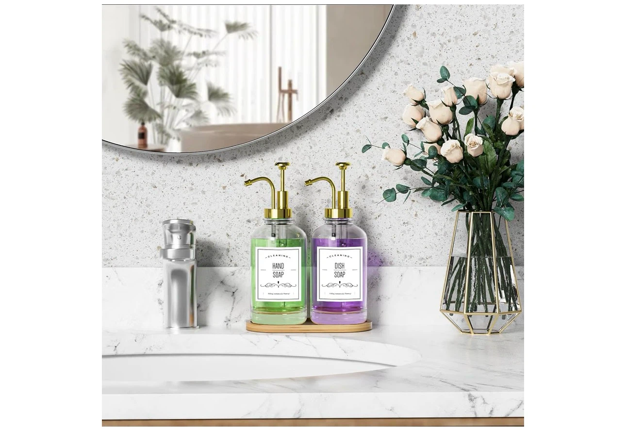 2 Pack Glass Soap Dispensers with Bamboo Tray - photo 2