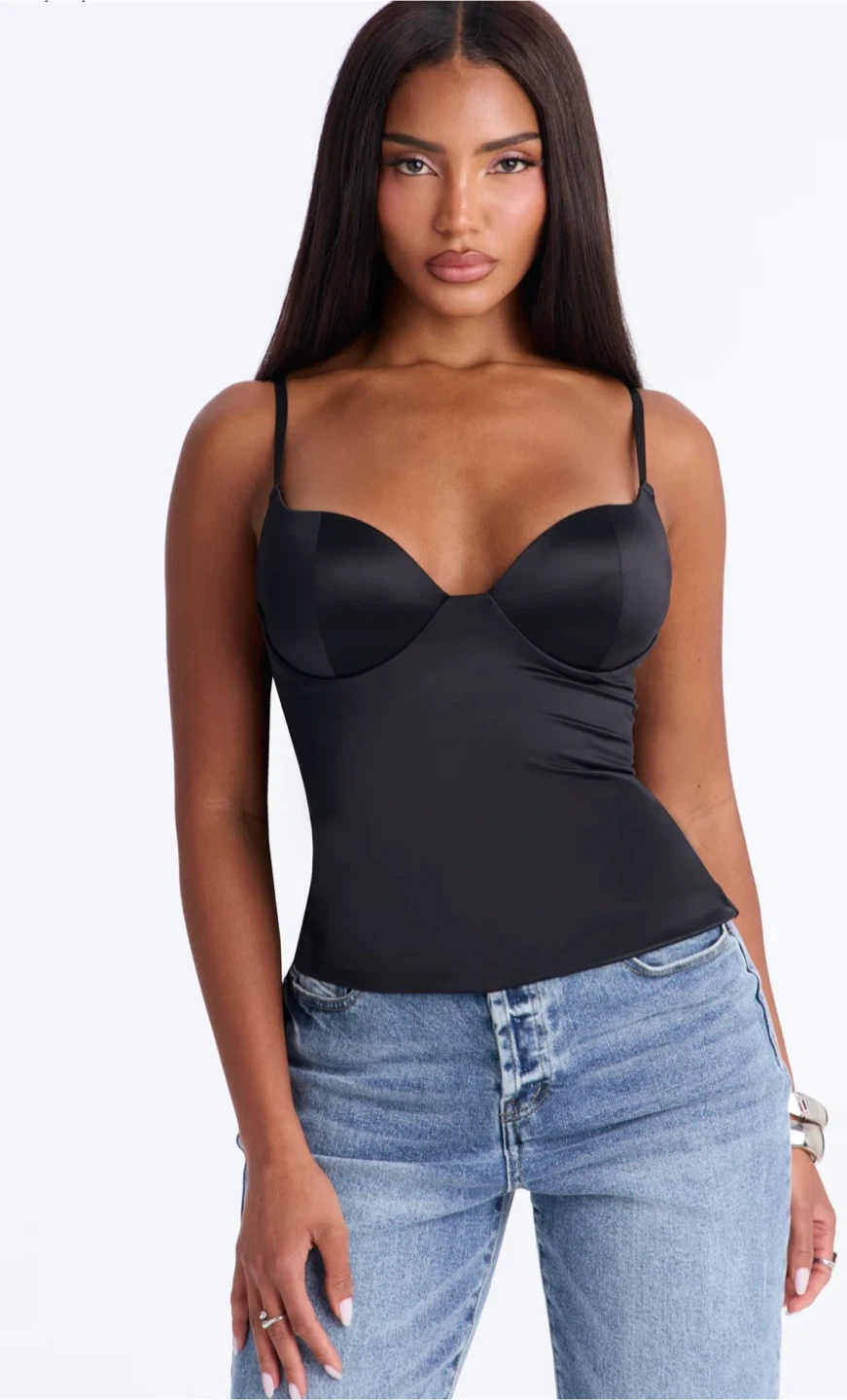Fashion Nova Black Satin Bustier Cami