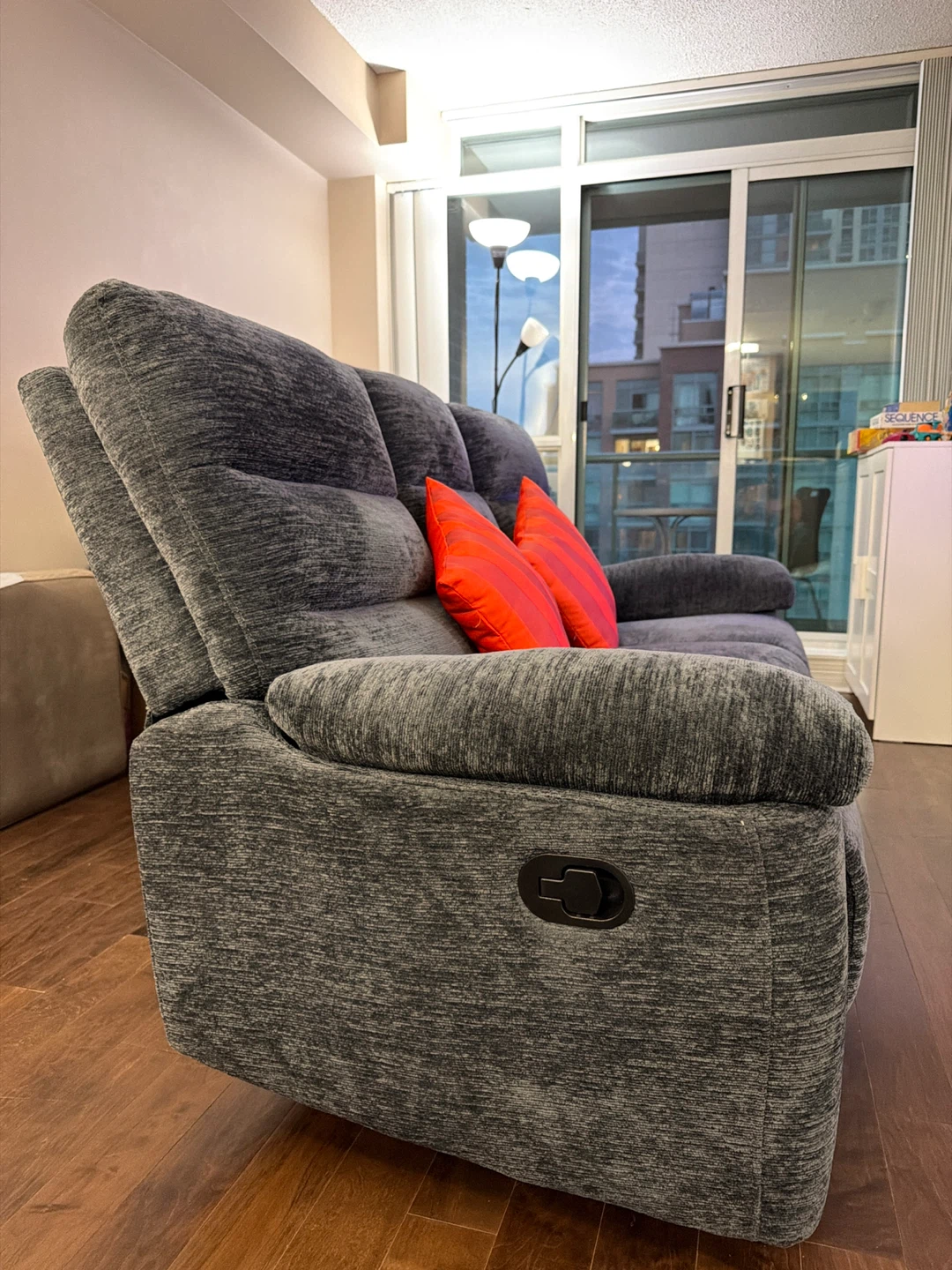 Leons Dark Grey Fabric Reclining Sofa