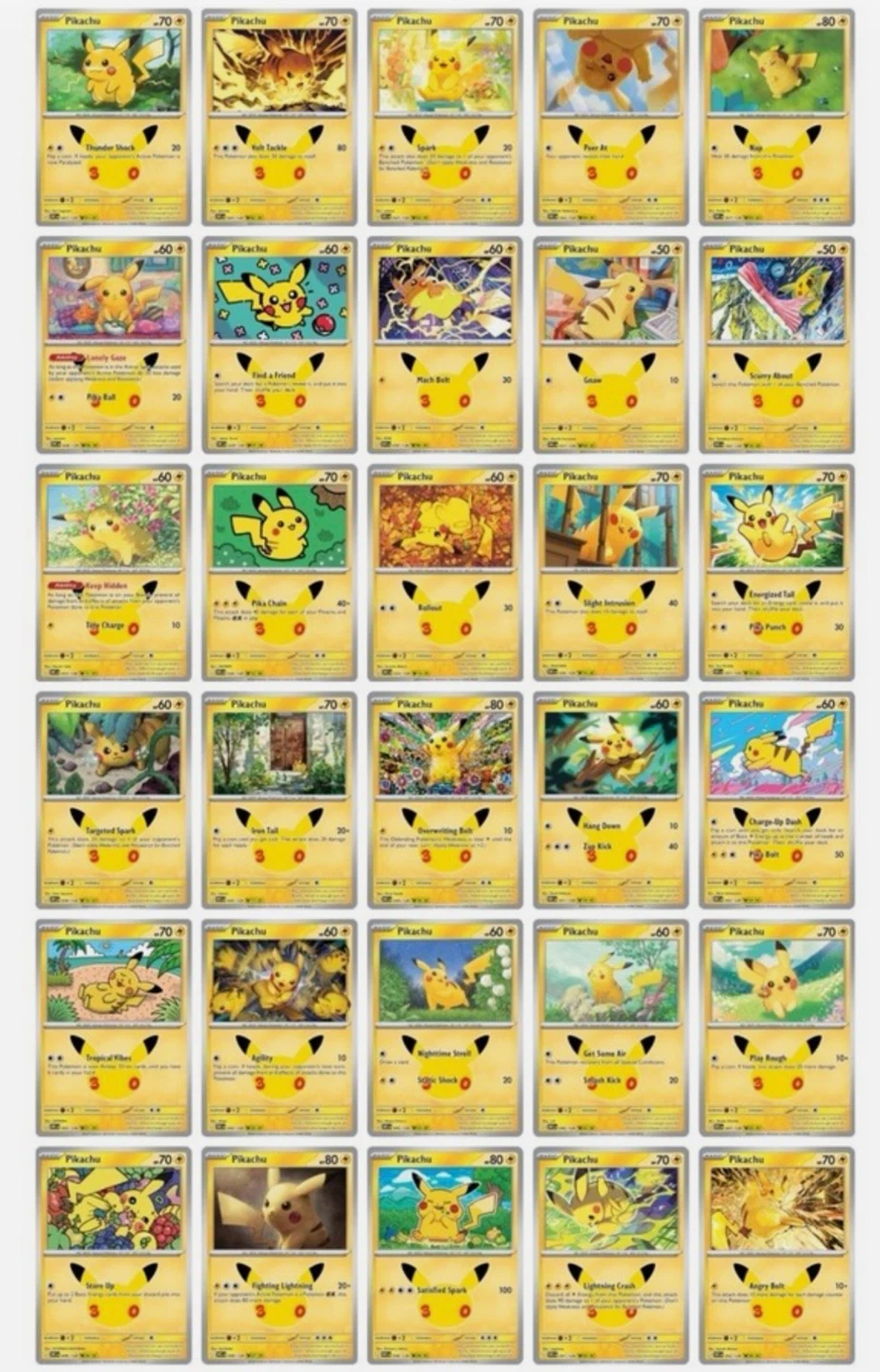 All 30 pickachus from M6A 30th anniversary set - Japanese