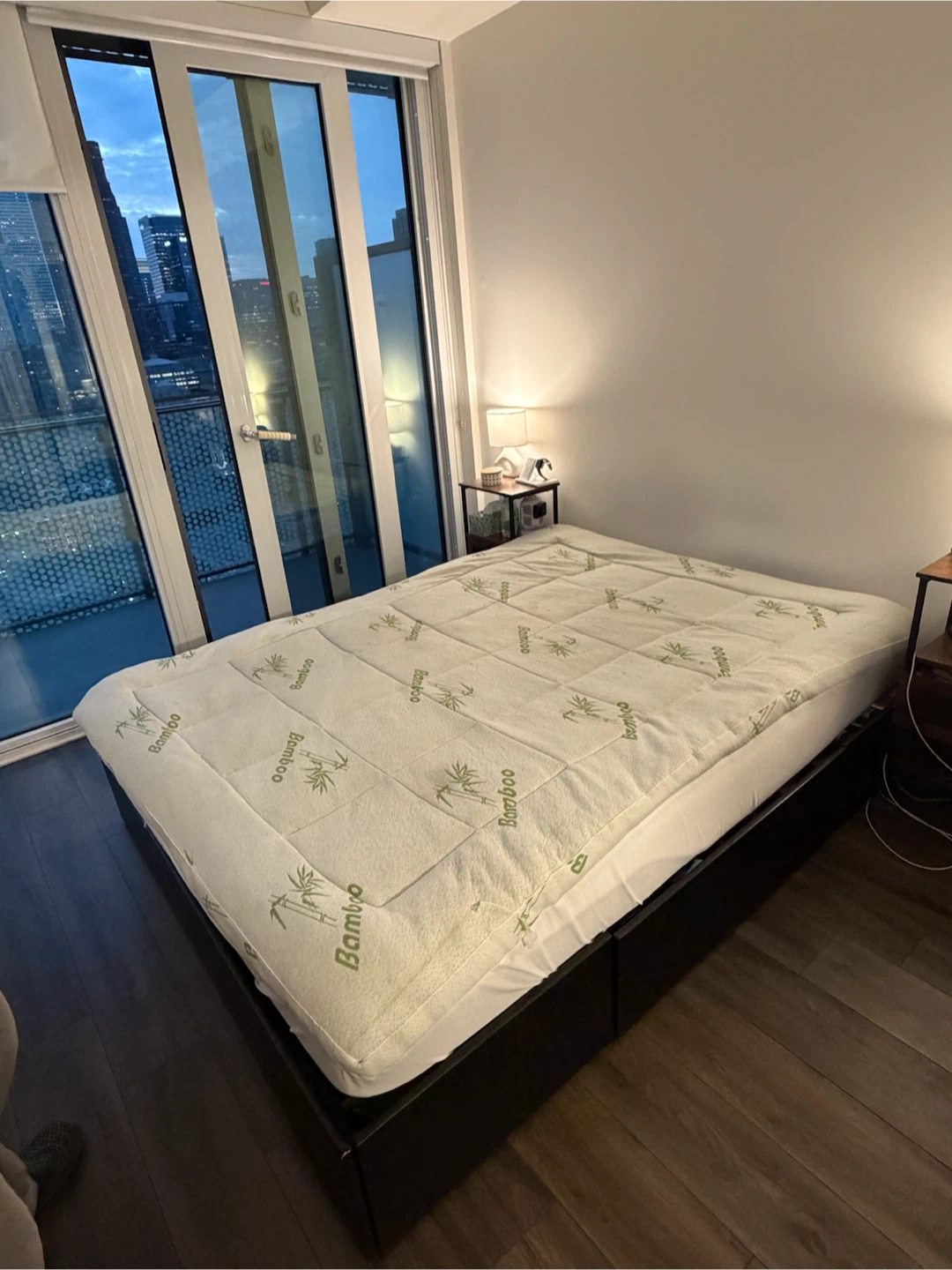 Queen bed frame w/storage + MF mattress + bamboo mattress topper