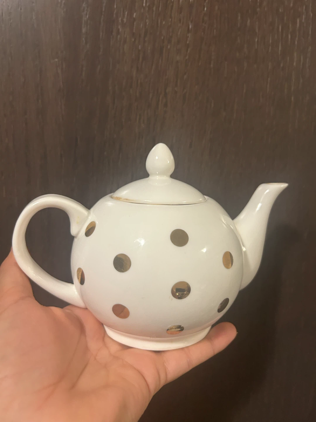White Teapot with Gold Polka Dots