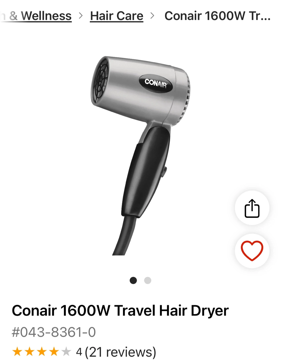 Conair 1600W Travel Hair Dryer