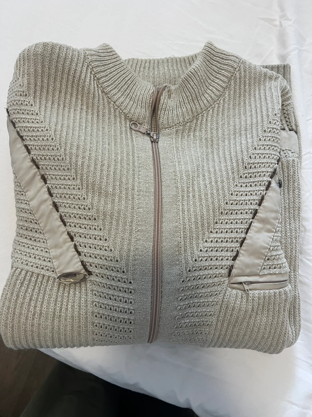 Beige Ribbed Zip-Up Sweater