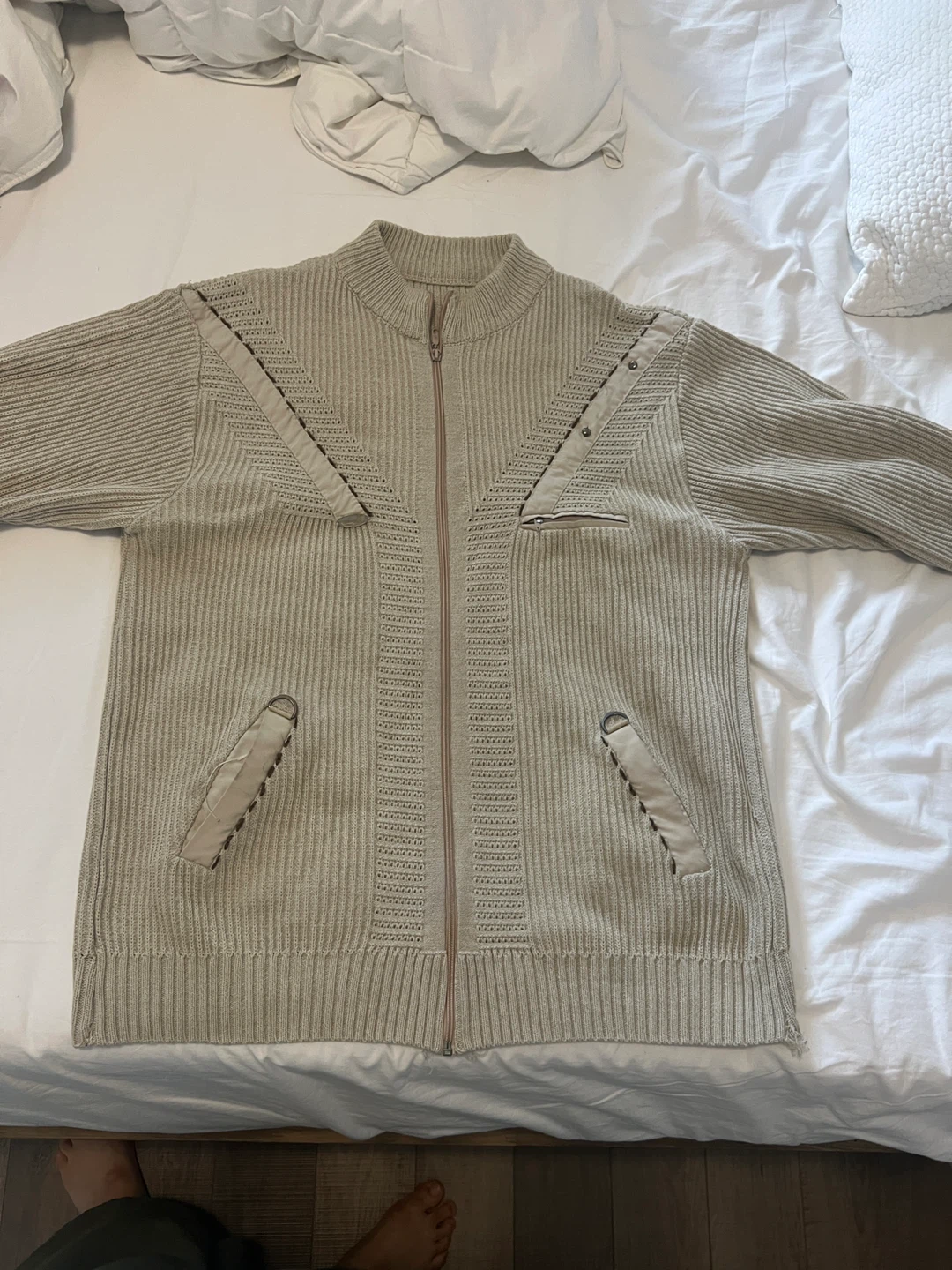 Beige Ribbed Zip-Up Sweater - photo 3