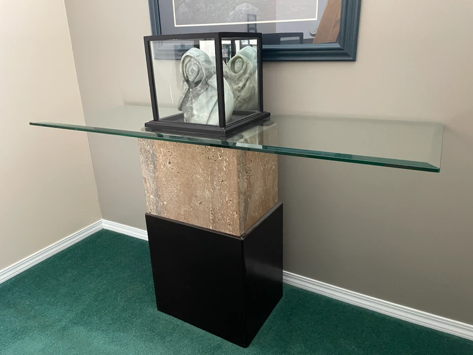 Glass Console Table with Travertine and Black Base