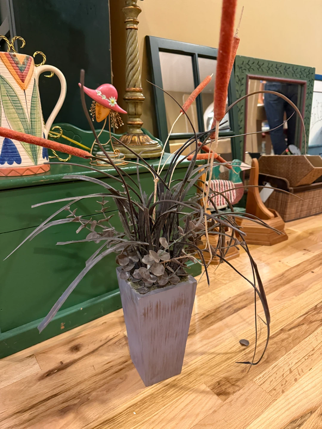 Artificial Cattail Plant in Tall Gray Planter