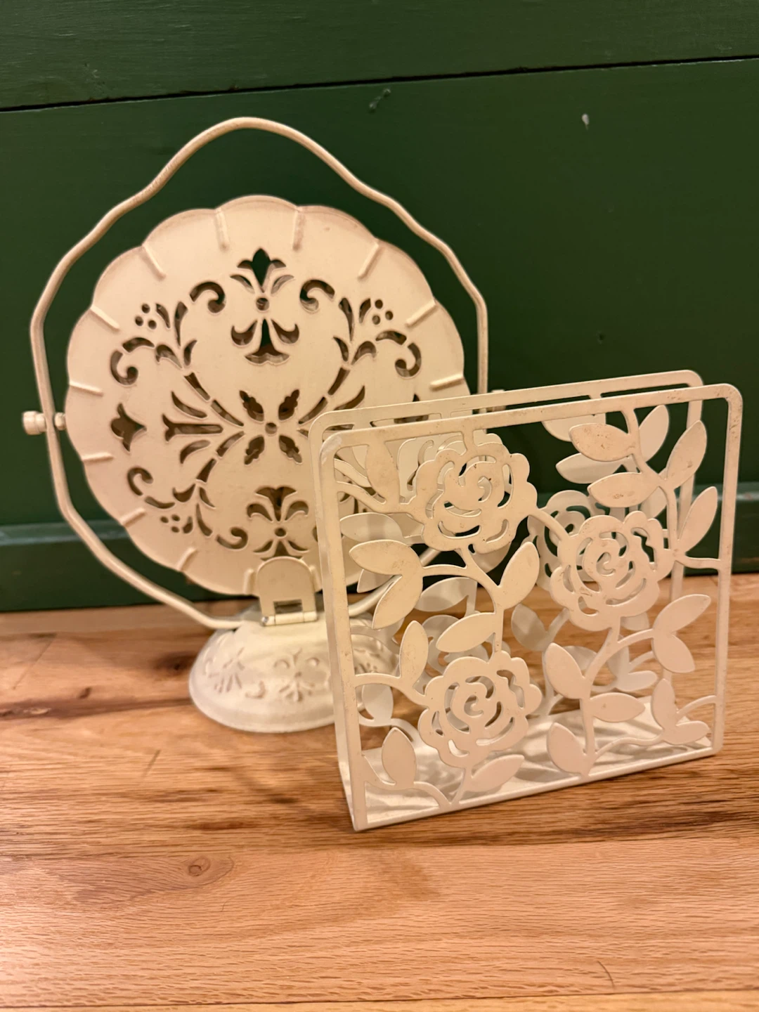 Cream Metal Napkin Holder and Decor Stand Set