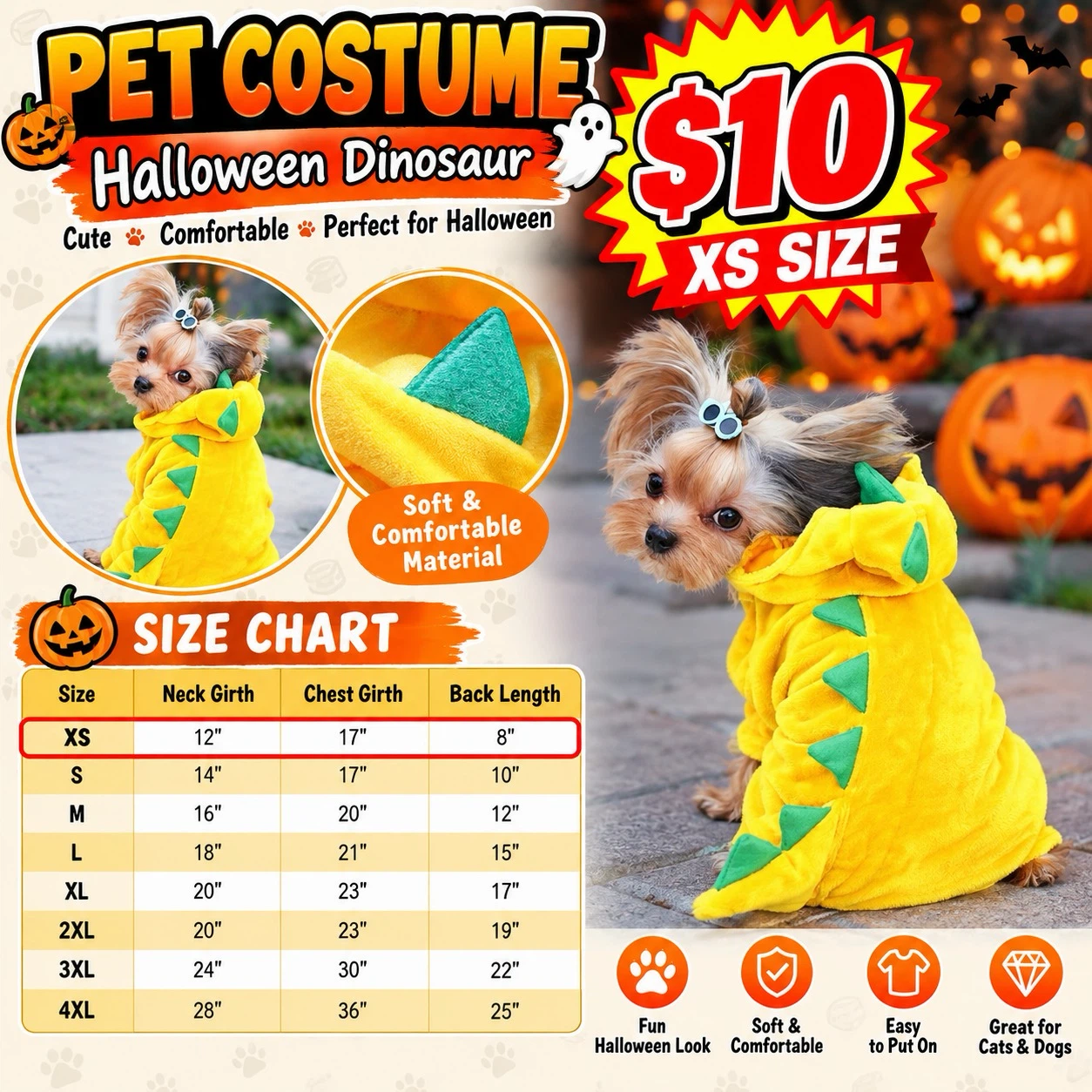 Halloween Dinosaur Pet Costume XS
