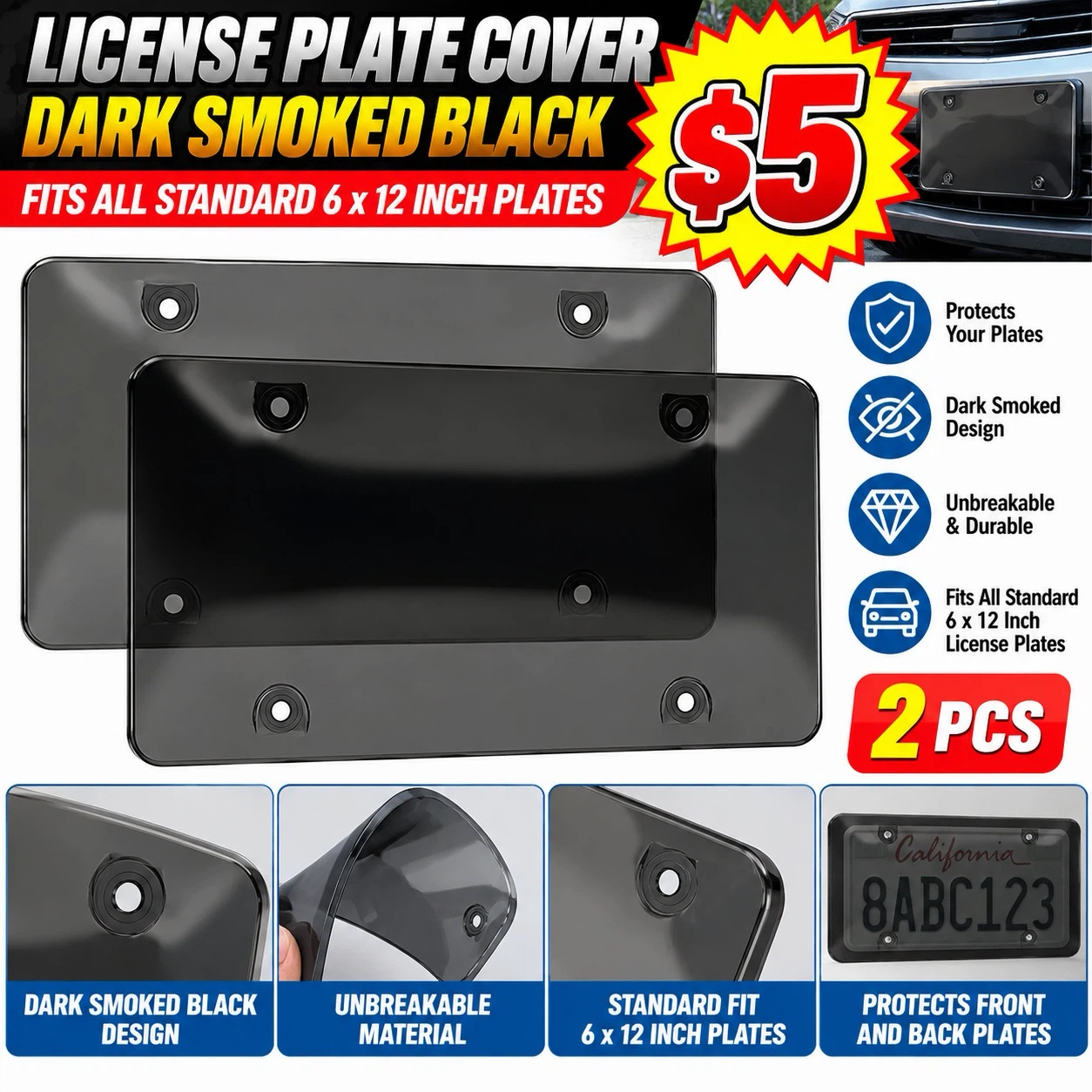 2 Pack Dark Smoked Black License Plate Covers