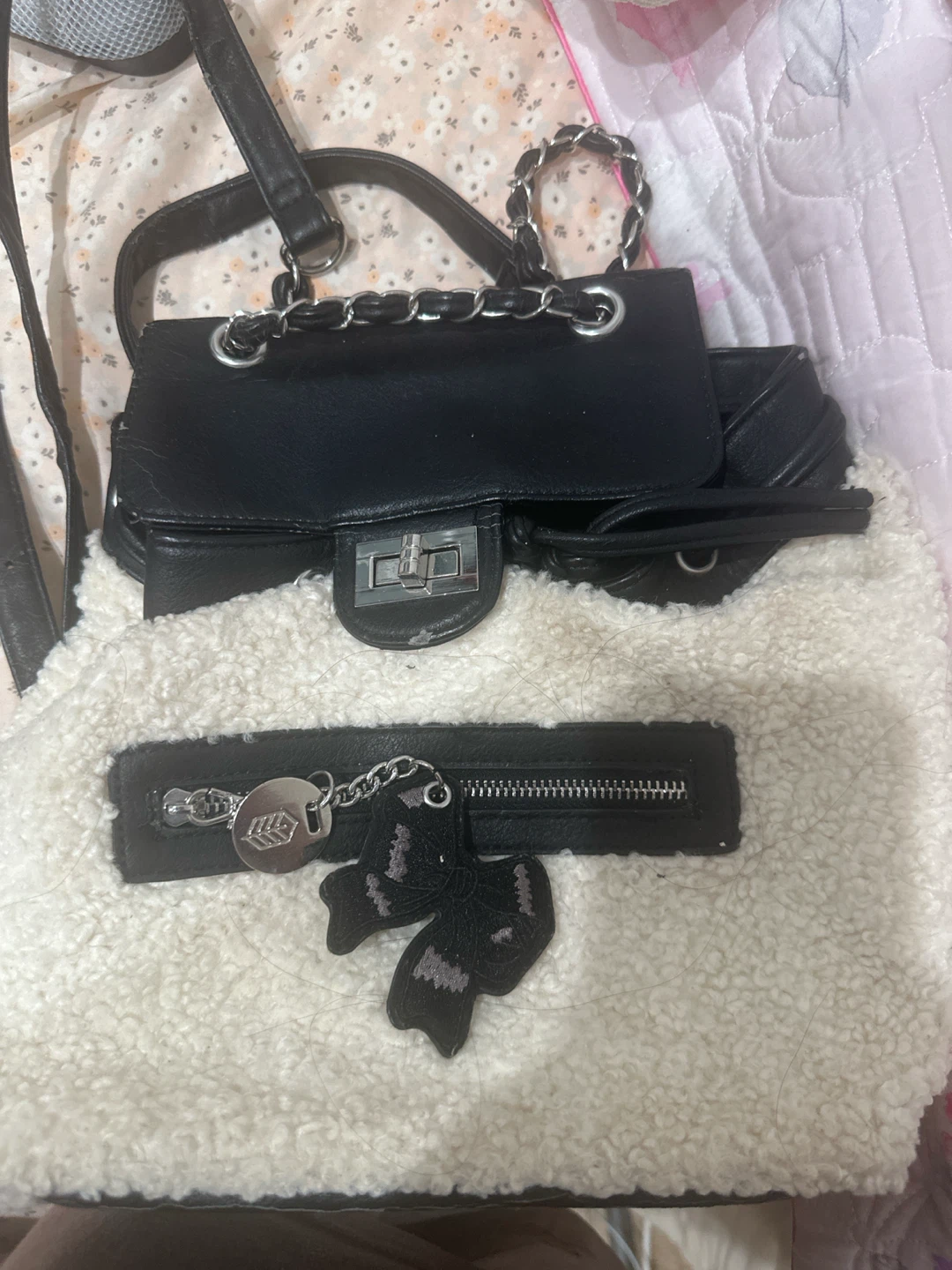 Black and Cream Faux Sherpa Shoulder Bag