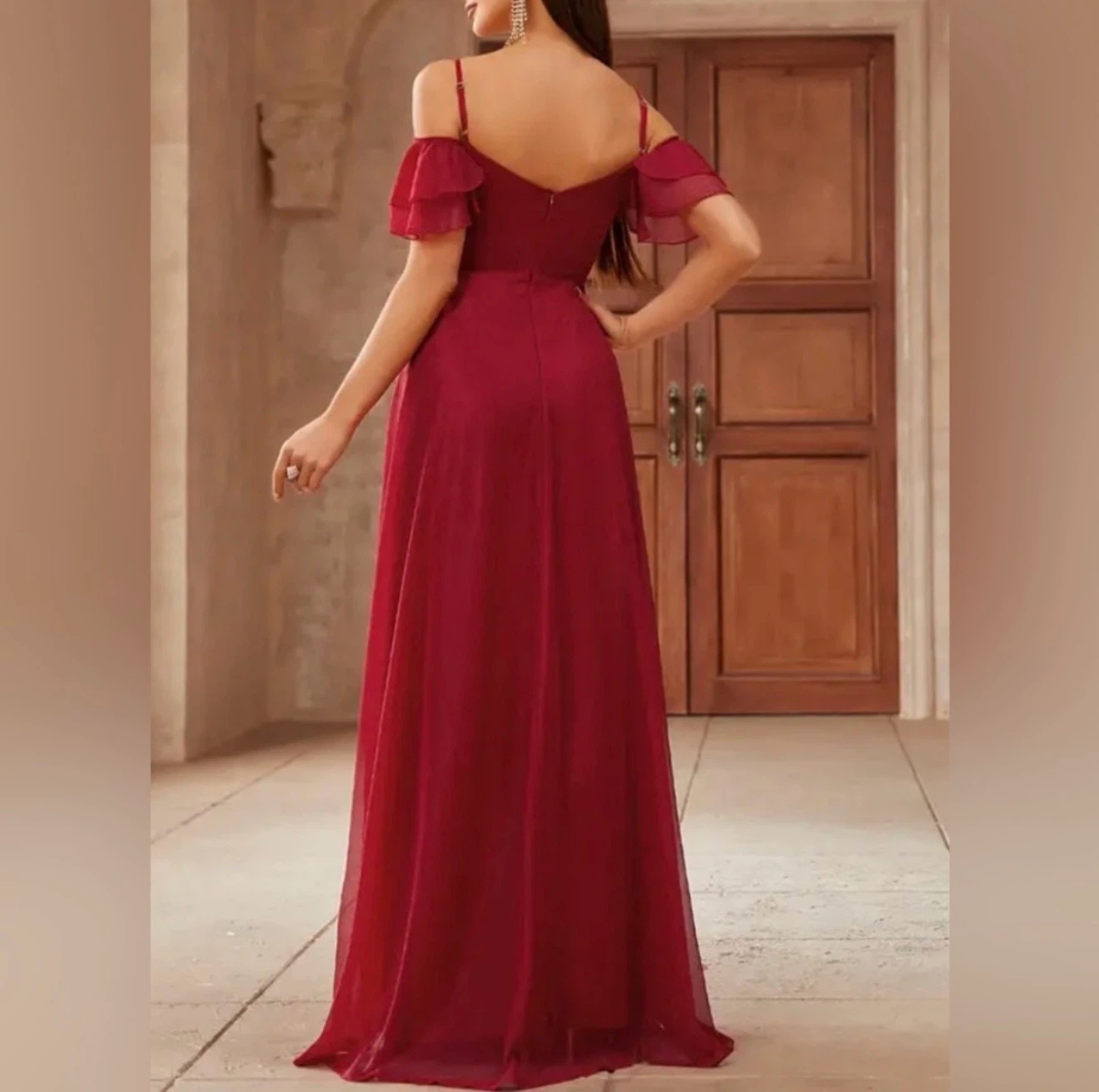 Burgundy Off-Shoulder Evening Dress - photo 3