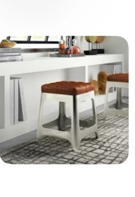 Set of 3 Tufted Leather and Metal Stools