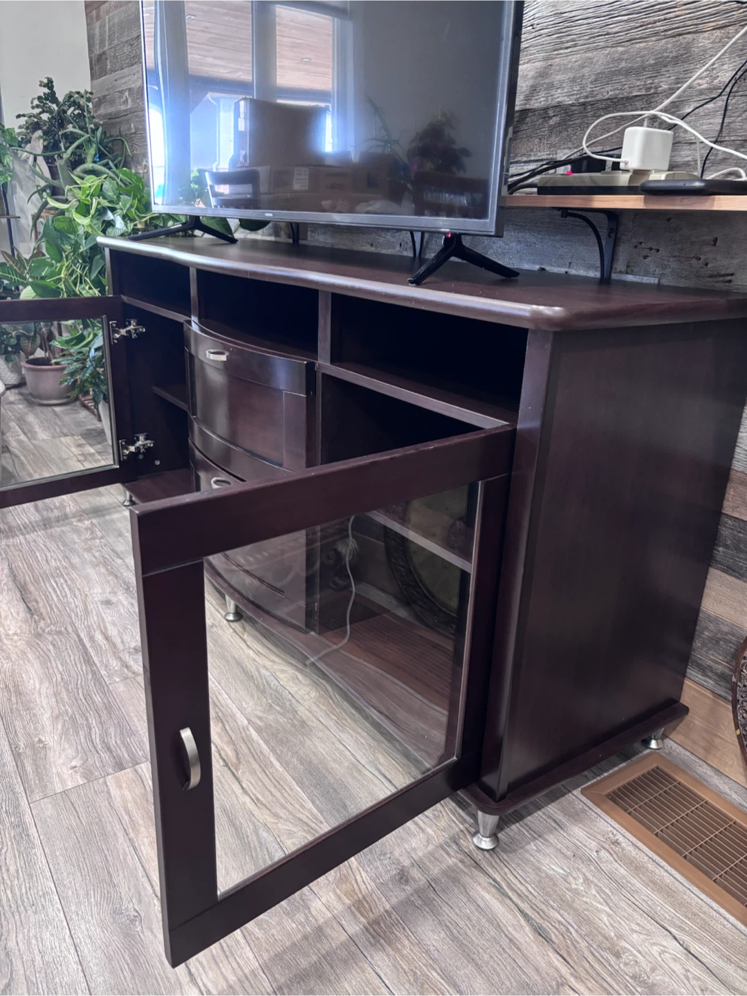 Dark Brown TV Media Console with Glass Doors and Drawers - photo 2