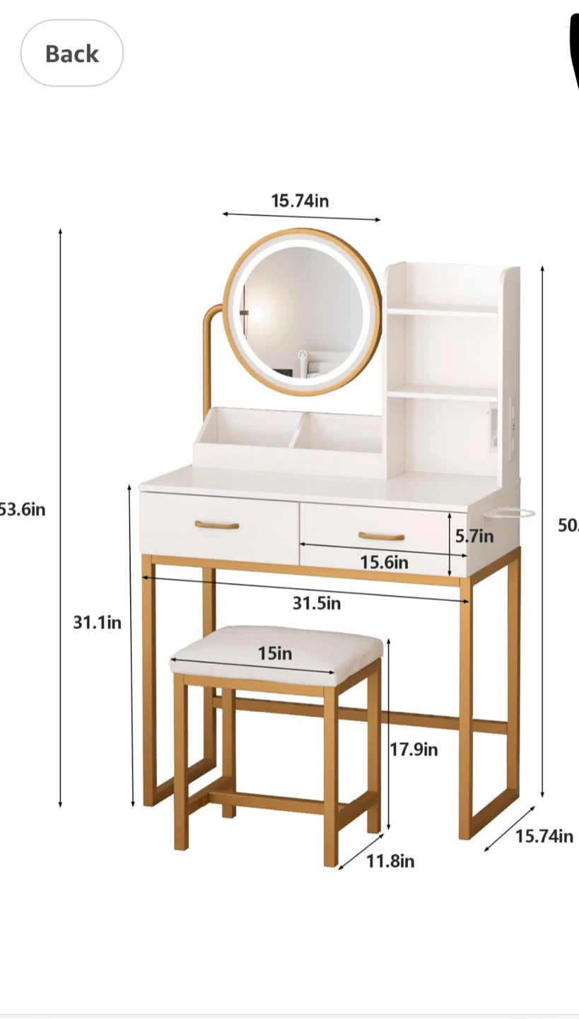 White and Gold Vanity Table with LED Mirror and Stool
