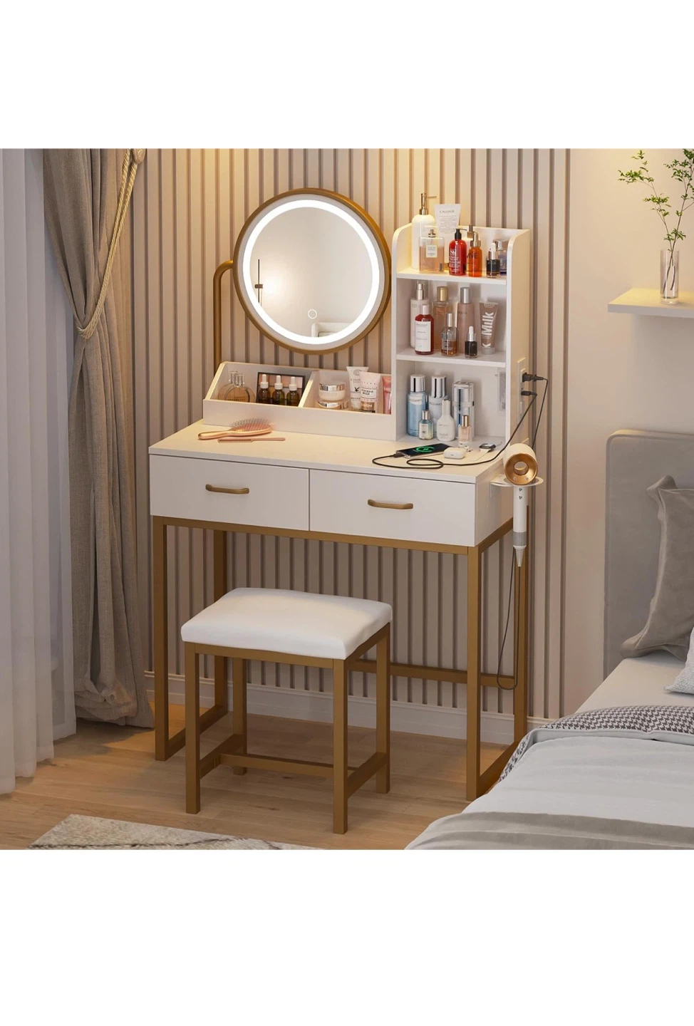 White and Gold Vanity Table with LED Mirror and Stool - photo 2
