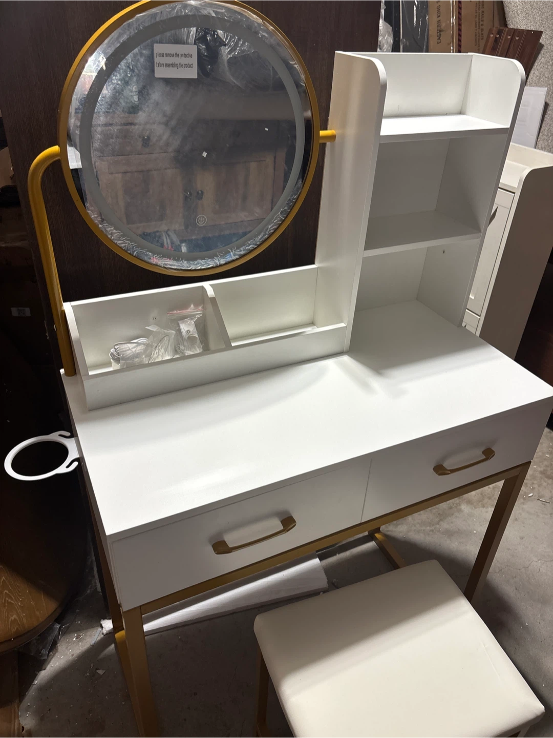 White and Gold Vanity Table with LED Mirror and Stool - photo 4