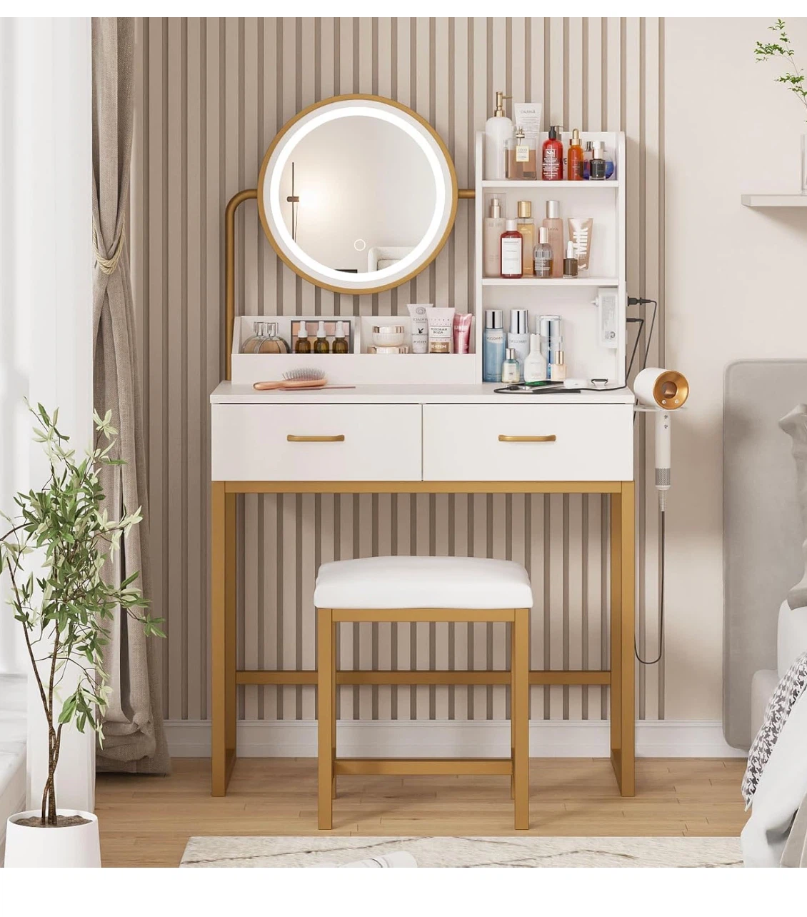 White and Gold Vanity Table with LED Mirror and Stool - photo 5
