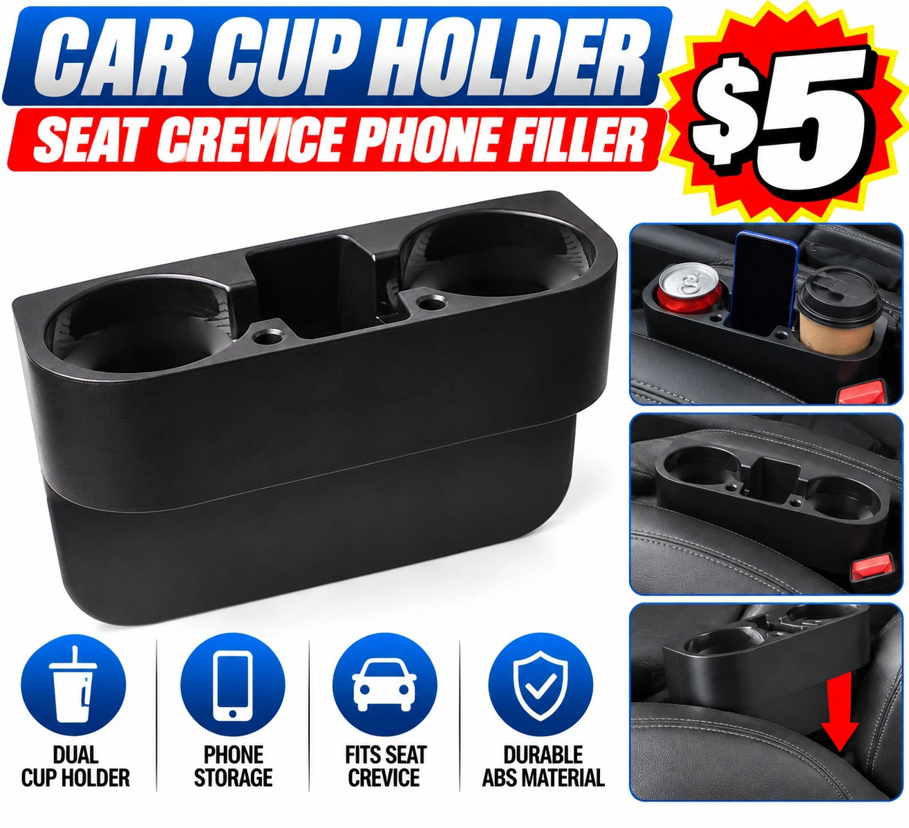 Car Seat Crevice Cup Holder and Phone Organizer