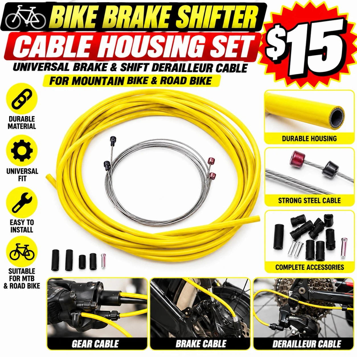 Bike Brake and Shift Cable Housing Set Yellow