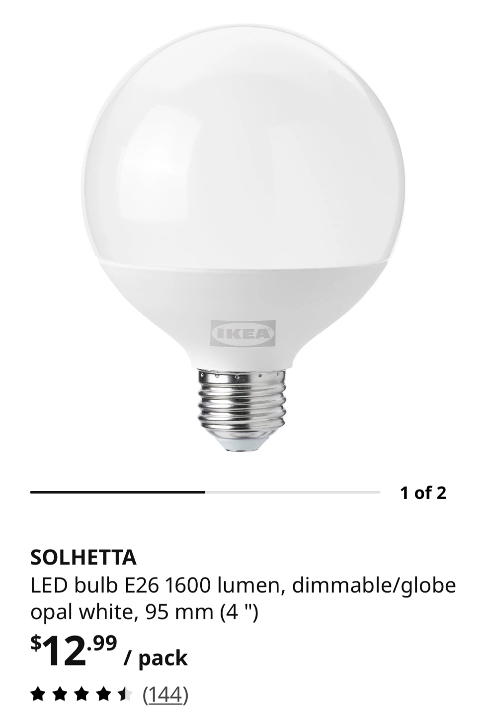 2 IKEA SOLHETTA E26 Globe LED Bulbs