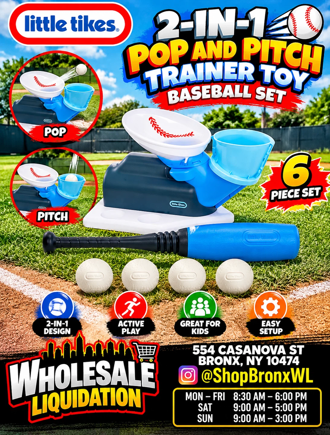 Little Tikes 2-in-1 Pop and Pitch Trainer Toy Baseball Set