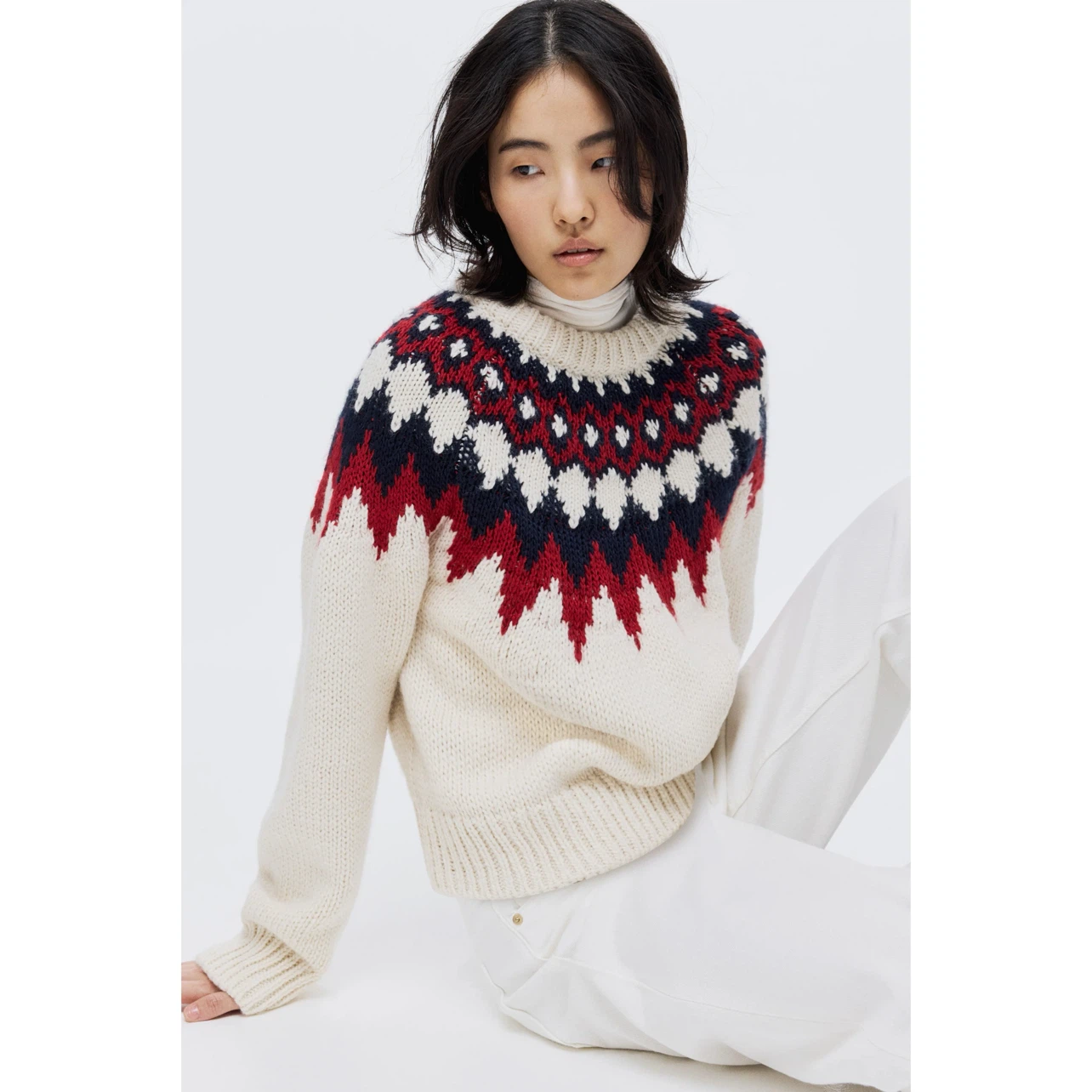 🆕 H&M Chunky Jacquard Knit Fair Isle Sweater in Ivory