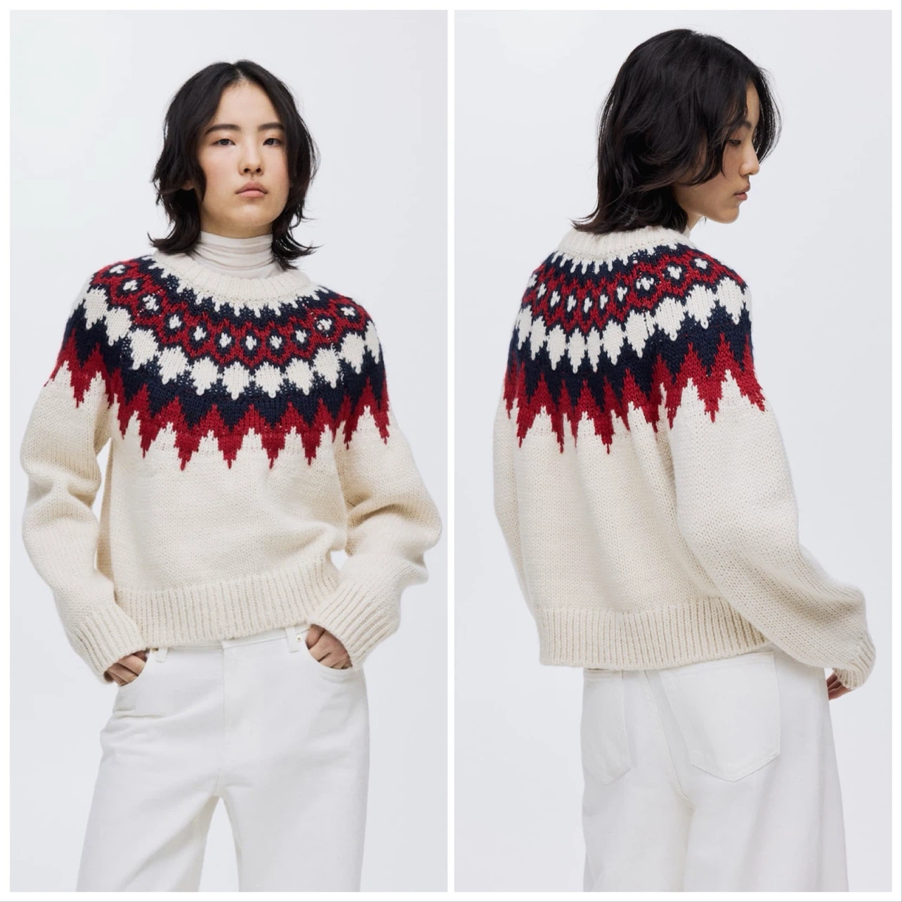 🆕 H&M Chunky Jacquard Knit Fair Isle Sweater in Ivory - photo 2