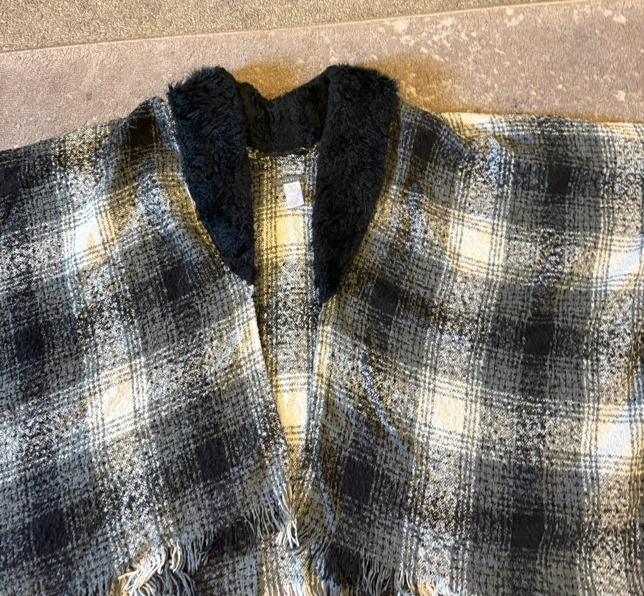 Lucky Brand Plaid Faux Fur Collar Poncho